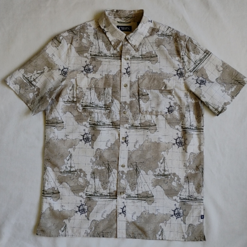 Men's Chaps Beige World Map Print Button Down Vented Back Travel Fishing Boating